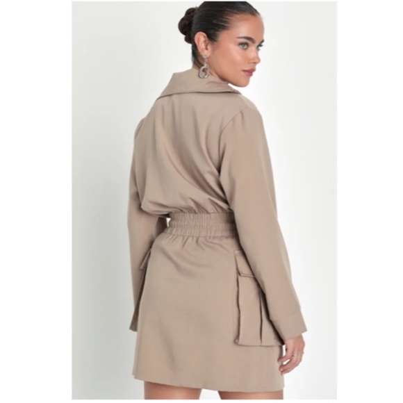Lulus Versatile Energy Khaki Mock Neck Long Sleeve Utility Mini Dress Brown S - Picture 4 of 8